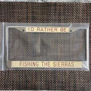 Novelty License Plate Frame "I'd Rather Be Fishing the Sierras" - Cream & Red